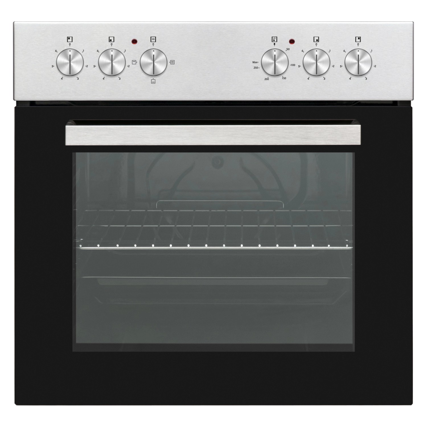 Einbauherd mit Glaskeramikkochfeld für Flex-Well Classic Küchenzeile, Edelstahlblende, schwarze Front.