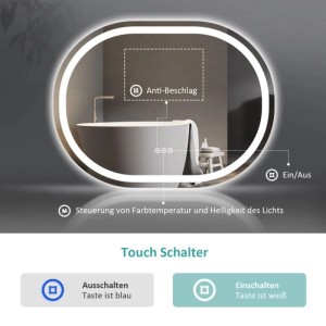 Ovaler Emke Badspiegel 80x60 cm mit beleuchtetem Rand, Anti-Beschlag & dimmbaren Lichtfarben per Touch.