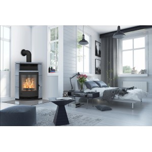 Fireplace Lyon Kaminofen mit Specksteinverkleidung in Schwarz, 8 kW Leistung im Wohnraum.