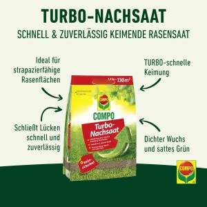 Packung Compo Rasen Nachsaat Turbo 2,6 kg für schnelle Rasenreparatur und dichten, grünen Rasen.