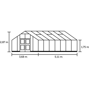 Skizze Juliana Gewächshaus Gärtner 18 Alu mit Maßangaben zu Höhe, Breite und Tiefe.
