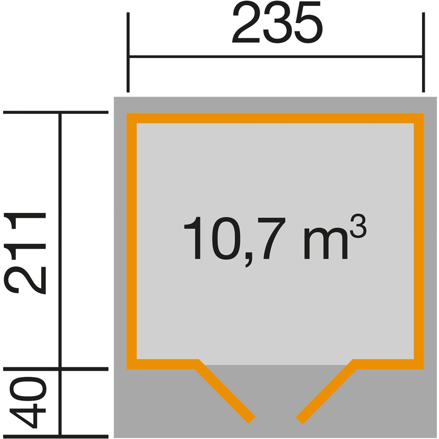 Grundriss Weka Holz-Gartenhaus Flachdach Lasiert, 235x284 cm, mit Maßen und Rauminhalt.