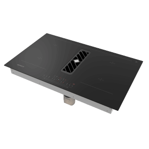 Schwarzes Respekta Induktionskochfeld Calima mit integrierter Dunstabzugshaube.