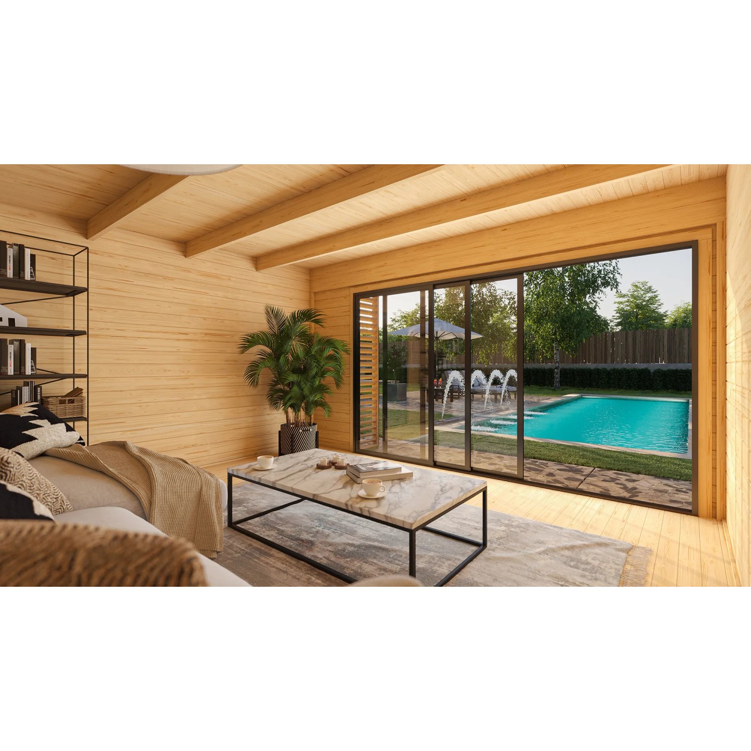 Innenansicht Weka Gartenhaus Amberley mit Schiebetür und Blick auf Pool.