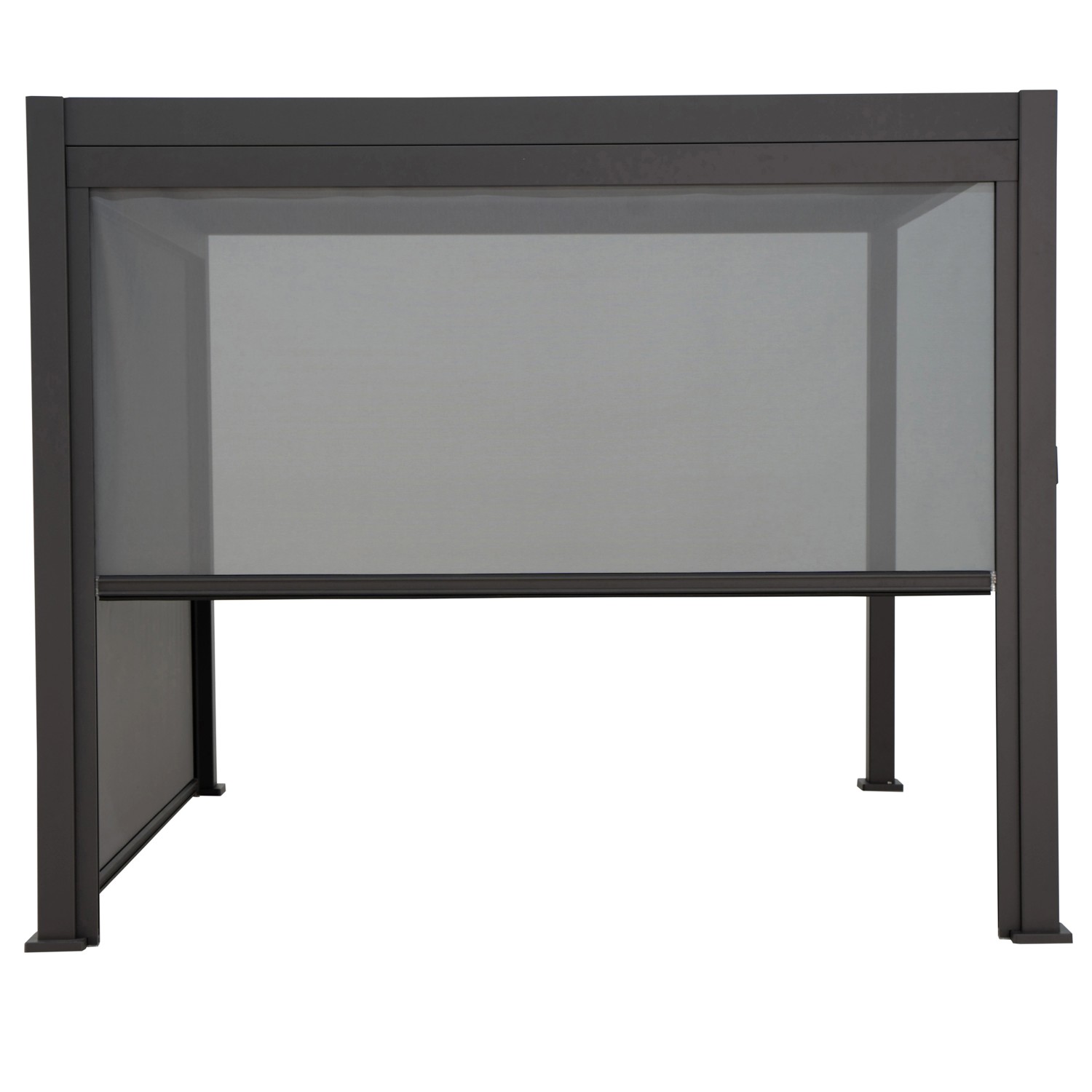 Sonnenrollo Mirador 3 m in Anthrazit für Terrassenüberdachung, teilweise heruntergelassen.