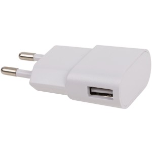 Weißer USB-Ladeadapter für 230V Steckdose, kompakter Stecker für Computer & Multimedia.