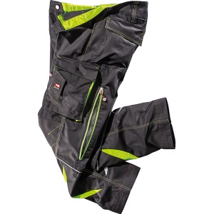 Bullstar Arbeitshose Ultra, schwarz-lime, Gr. 54. Moderne Arbeitskleidung mit vielen Taschen und hochgezogenem Bund.
