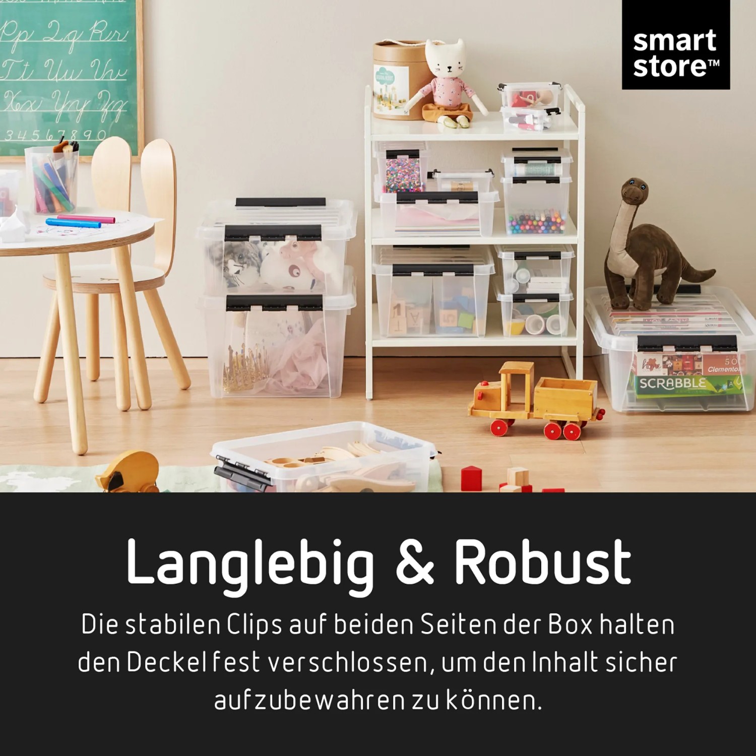 Transparente SmartStore Aufbewahrungsbox Classic 3 l mit Deckel und schwarzen Clips.