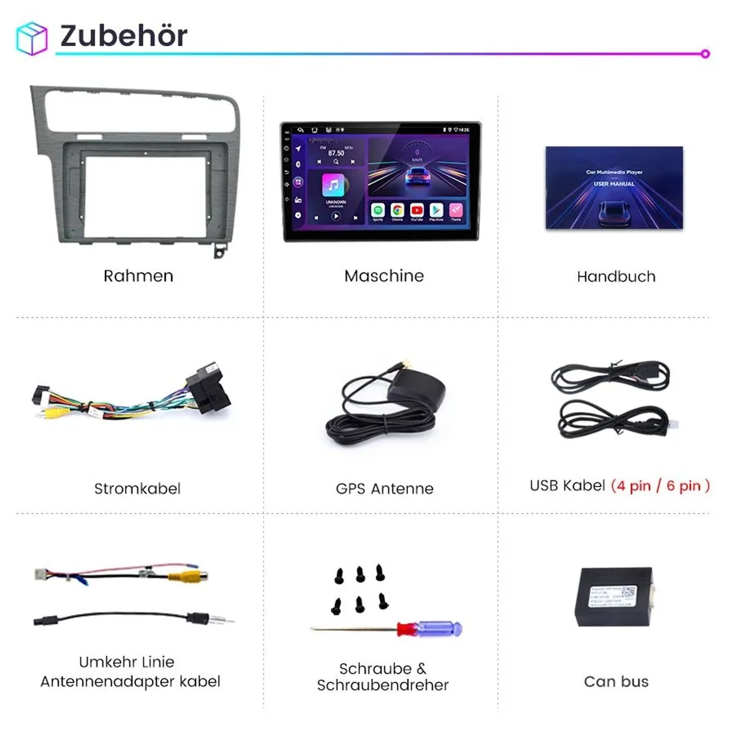 Junsun Autoradio Zubehör für VW Golf 7: Radio, Einbaurahmen, Kabel, GPS-Antenne, Schrauben, Can-Bus-Box.
