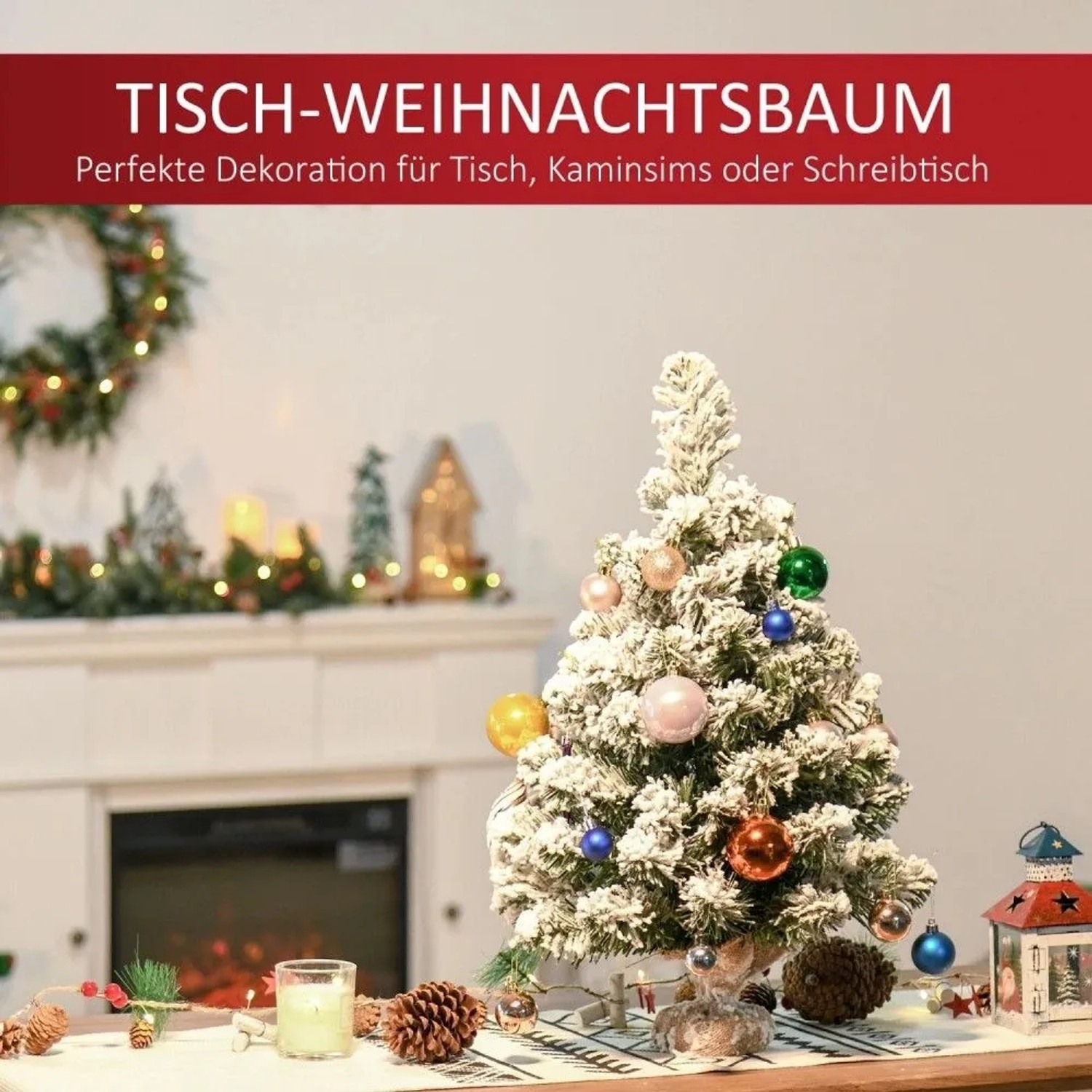 HOMCOM 60cm künstlicher Weihnachtsbaum aus Kunststoff, grüne Zweige mit Schnee-Effekt, als Tischdeko.