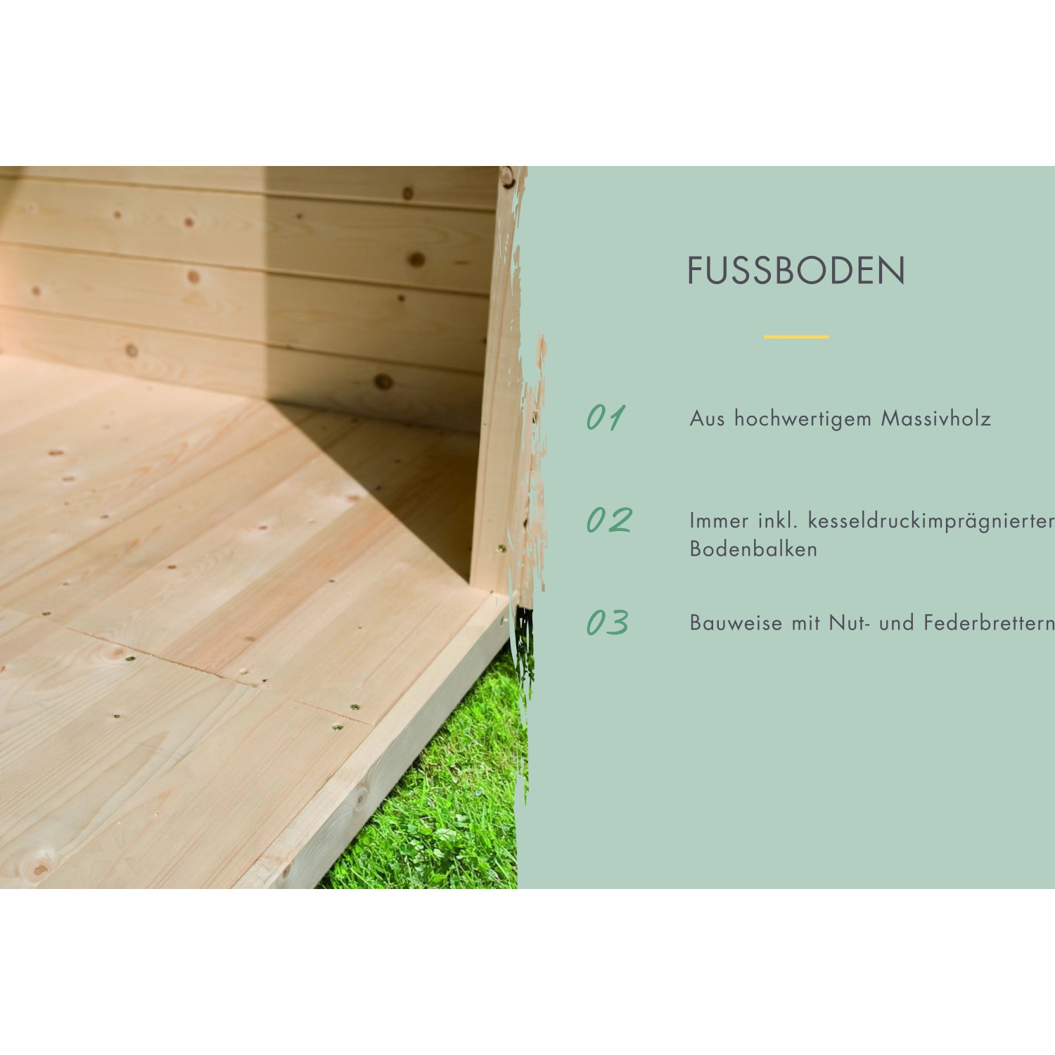 Detailaufnahme des Holzbodens im Karibu Gartenhaus Tessin 1, gefertigt aus Massivholz mit Nut- und Federbrettern.