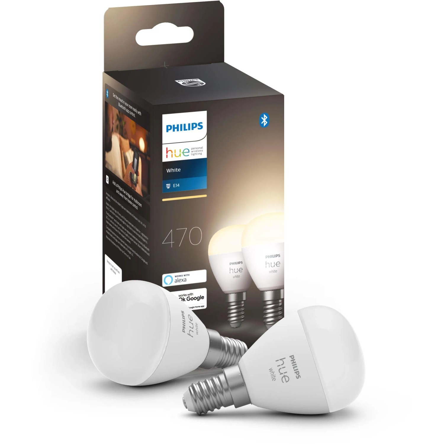 Philips Hue Luster Doppelpack White E14, 2er-Pack Leuchtmittel mit warmweißem Licht.