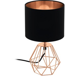 Eglo Tischleuchte Carlton 2: Schwarzer Schirm, kupferfarbener Drahtfuß im Diamant-Design. Moderne Tischlampe.
