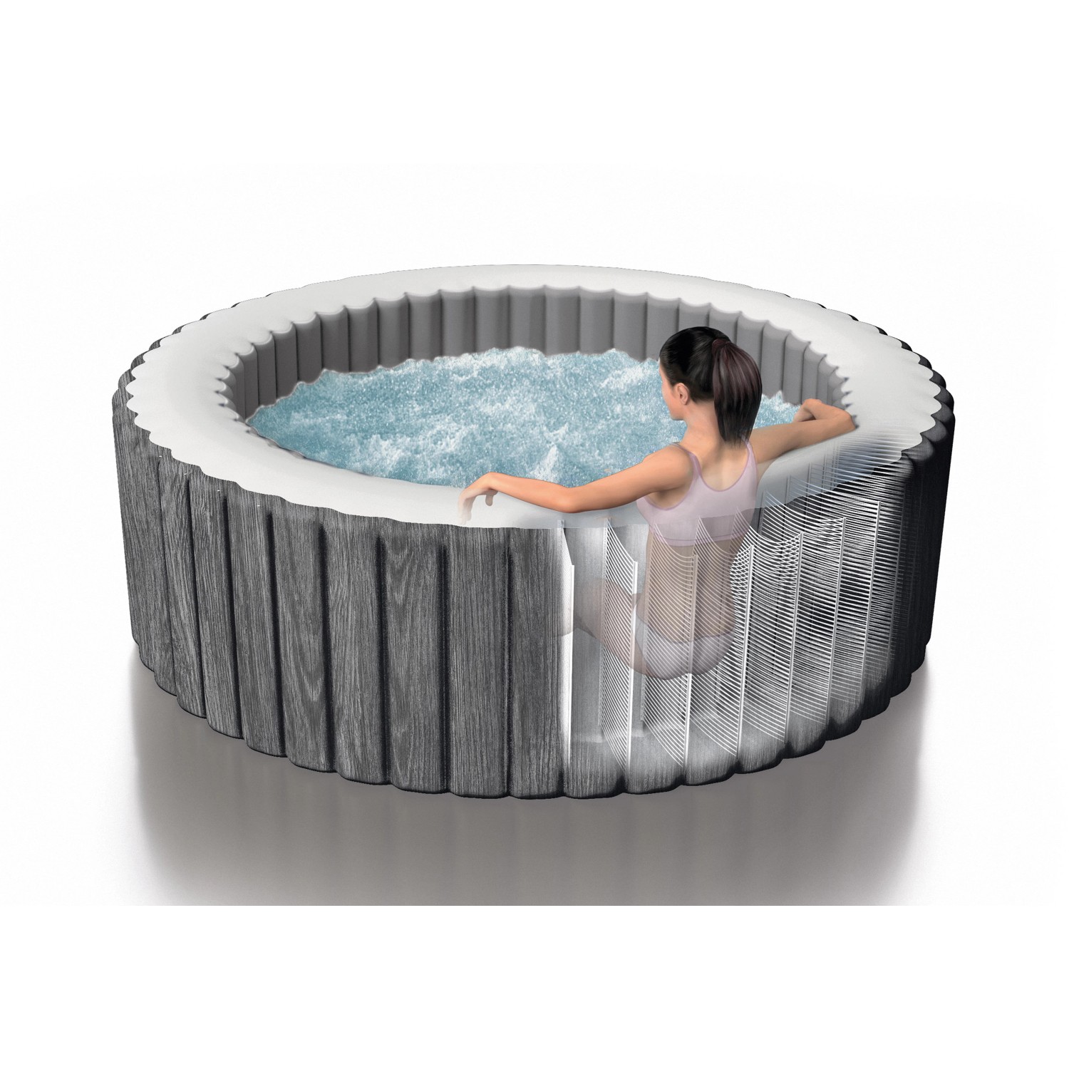 Intex Greywood Deluxe aufblasbarer Whirlpool mit sprudelndem Wasser und einer Person im Pool.