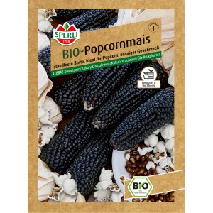 Samenpackung Sperli Bio Popkornmais mit dunkelblauen Maiskolben und fertigem Popcorn.