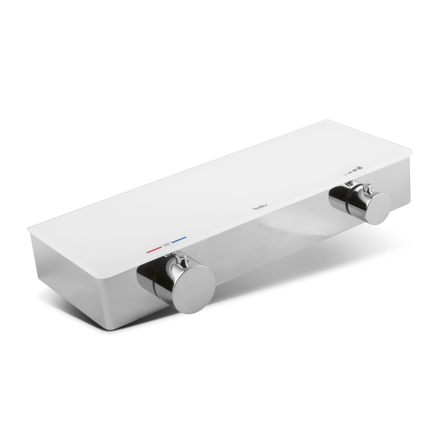baliv Thermostat-Duscharmatur DU-2050 in Weißglas-Chrom Optik mit zwei Drehreglern.