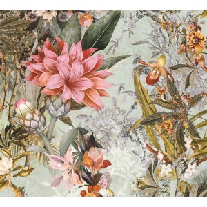 Vliestapete mit Blumenmuster in Grün und Rosa. Dekorative Tapete mit floralem Design.