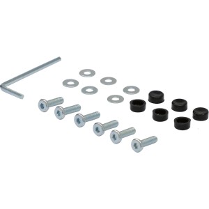 Montageset für Geelong Barstuhl, 19-teilig: Schrauben, Unterlegscheiben, Abdeckkappen und Inbusschlüssel.