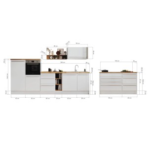 Respekta Inselküche Gabriel 320 cm, Weiß Hochglanz, mit Maßen und Details der Einbauküche.