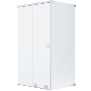 Schöner Wohnen Eckdusche mit Schiebetür, silberner Rahmen, 110x100x200 cm. Rahmenlose Duschkabine aus Glas.