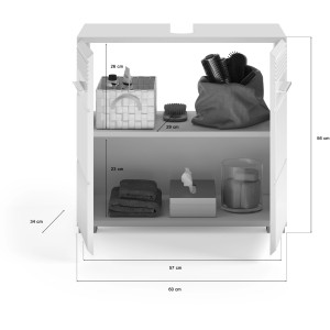 Waschbeckenunterschrank Linus, weiß, 60 cm breit, mit zwei Türen und Innenleben.