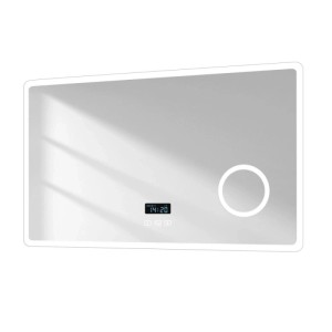 Emke Badspiegel 100x60 cm, rechteckig, mit umlaufender LED-Beleuchtung, digitaler Zeitanzeige und Touch-Schalter.
