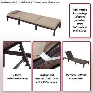 Graue Poly-Rattan Sonnenliege mit dunkelgrauen Kissen, 5-fach verstellbar.