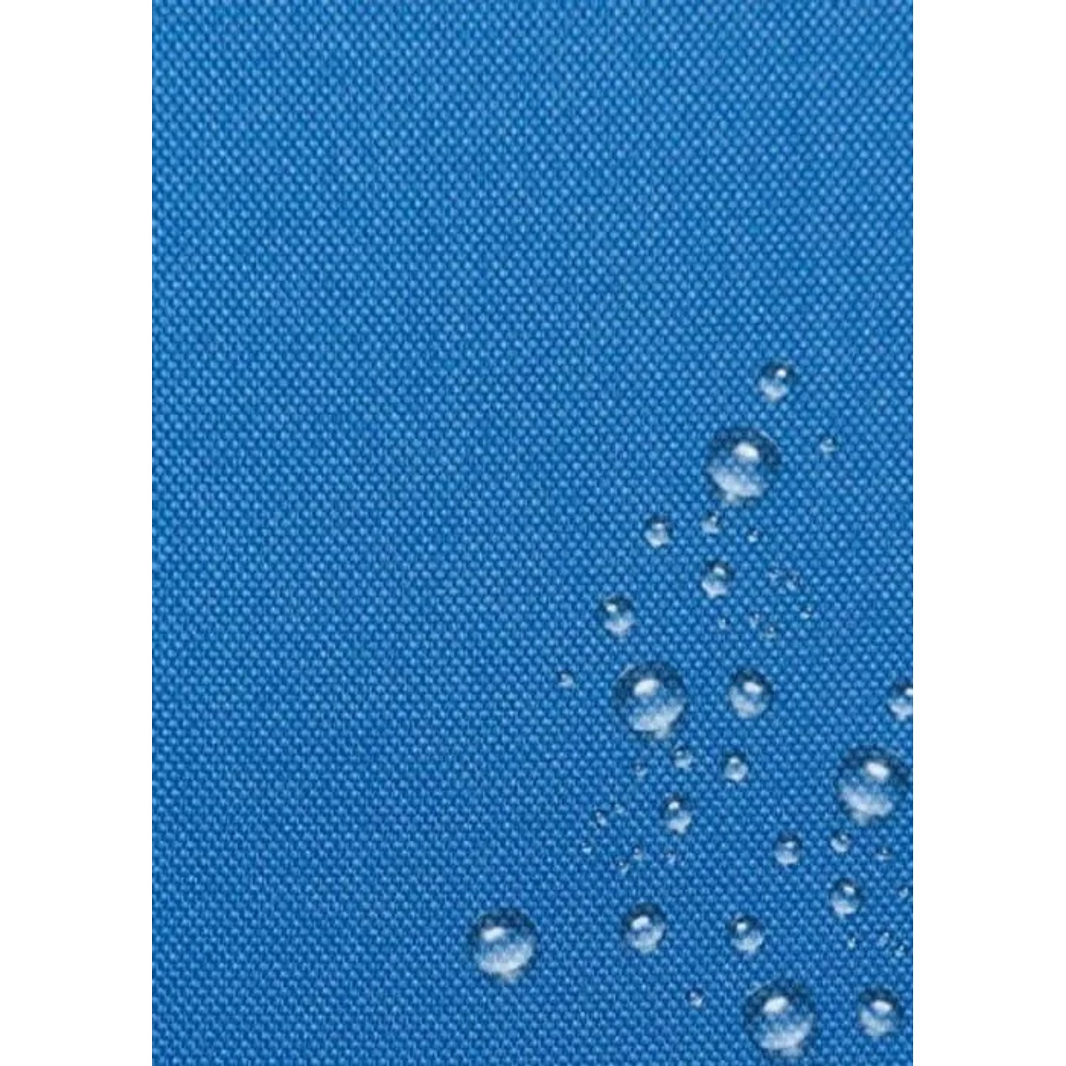 Blaues Gartenbank Kissen Set mit wasserabweisendem Bezug und Wassertropfen.