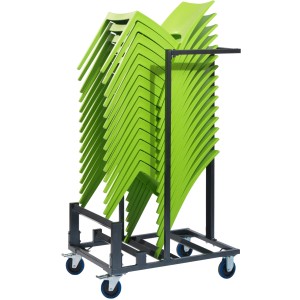Veba Transportwagen Stack 15 mit grünen Stapelstühlen. Transporthilfe für bis zu 15 Stühle.