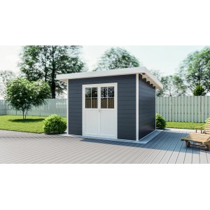 Modernes, anthrazitfarbenes Elephant WPC Gartenhaus mit Flachdach und weißen Doppeltüren.