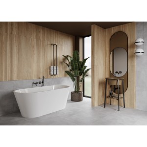 Badezimmer mit Wandfliese in Lamellenoptik, helle Beige, 89x29 cm. Elegantes, modernes Design.