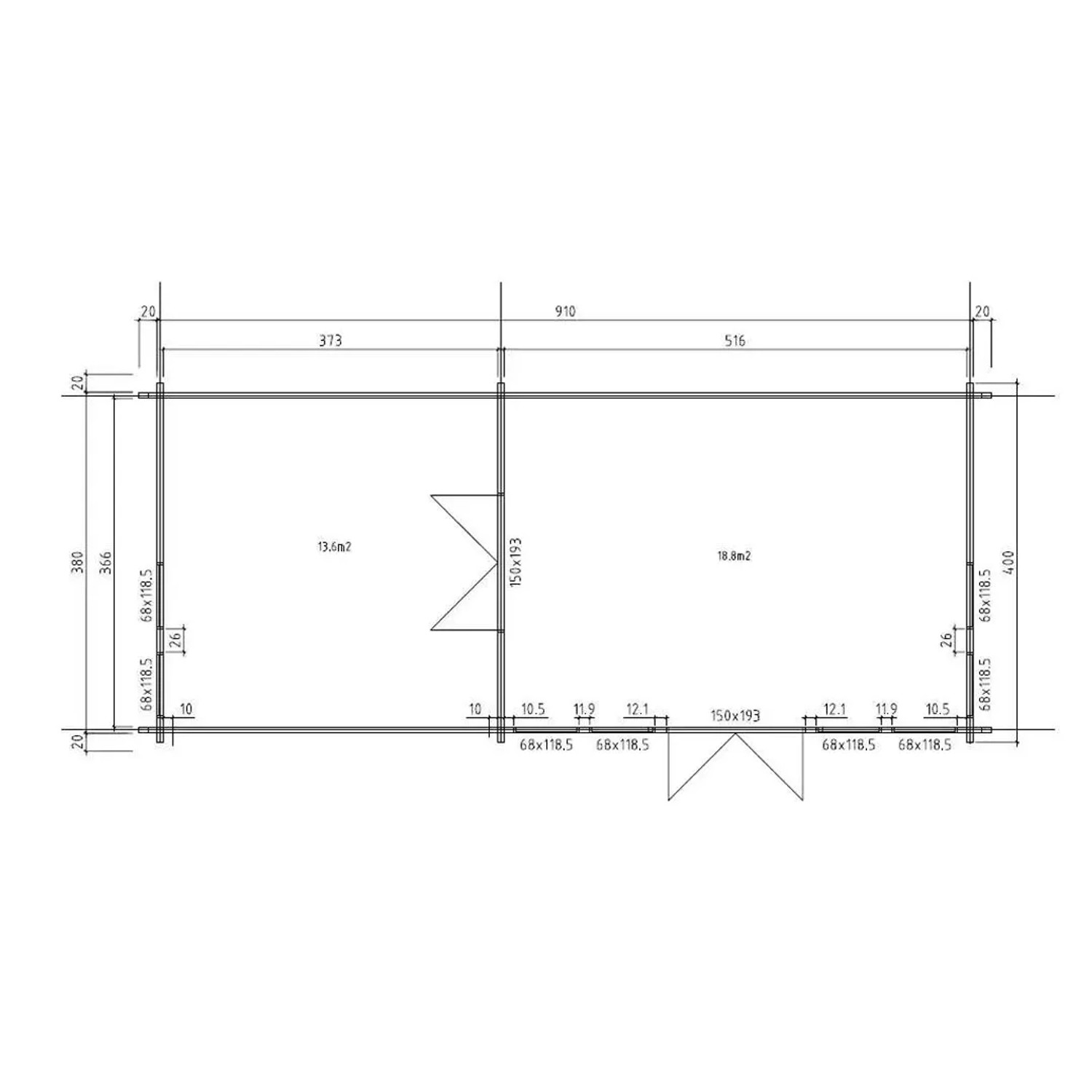 Grundriss Alpholz Gartenhaus Ben 70, 678x420 cm, unbehandelt, mit Maßangaben.