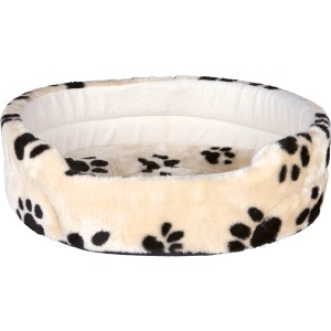 Beiges Jollypaw Hundebett Jolyon (70x62cm) mit schwarzen Pfotenabdruck-Muster.