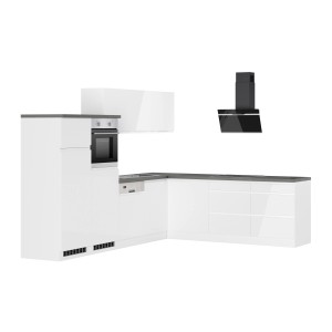 Moderne Winkelküche Gera in Weiß/Beton (300 cm) mit E-Geräten und Dunstabzugshaube.