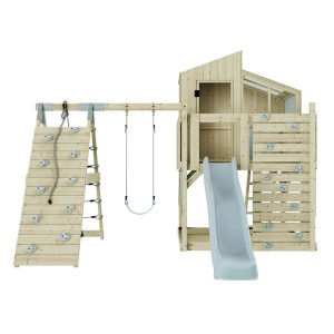 Kinderspielturm mit Schaukel, Rutsche und Kletterwand aus Holz, eisblaue Akzente.