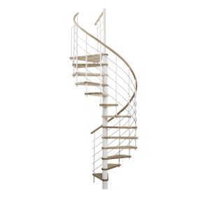 Minka Spindeltreppe Venezia Eiche/Weiß, 140 cm Durchmesser. Wendeltreppe mit Holzstufen und weißem Metallgeländer.