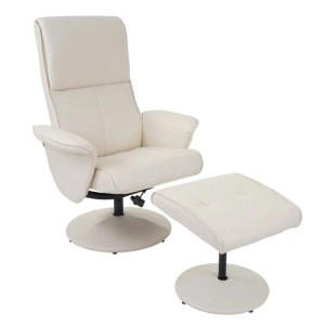 Cremefarbener Relaxsessel Stockholm mit Hocker, Kunstlederbezug und drehbarem Fuß.