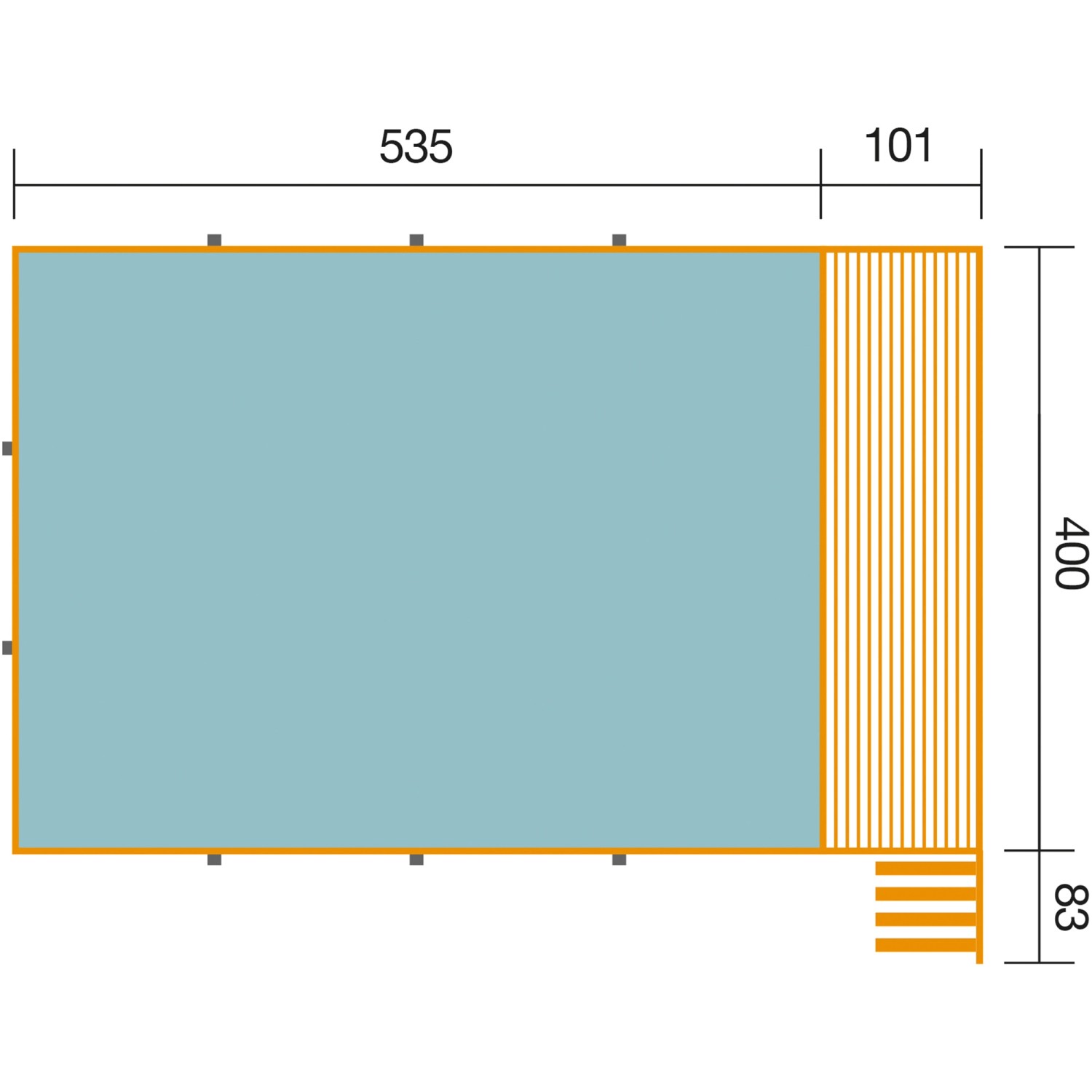 Draufsicht Weka Holzpool 595 mit Maßen: 490x644x203 cm, inkl. Sonnendeck und Technikraum.