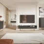 Schwarzes Selsey Sideboard Veldio mit geriffelter Front, 2 Schubladen und goldenen Beinen in modernem Wohnzimmer.