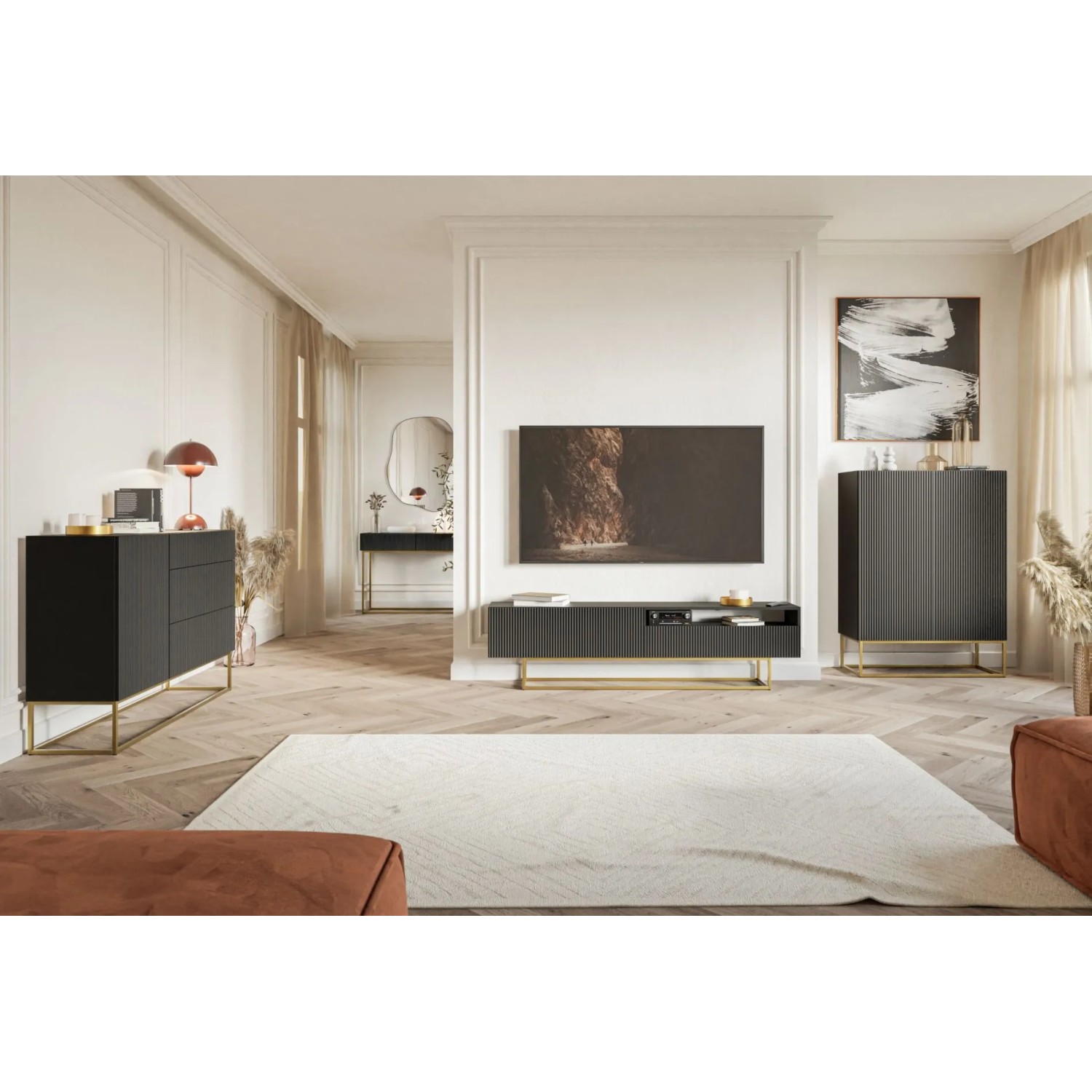 Schwarzes Selsey Sideboard Veldio mit geriffelter Front, 2 Schubladen und goldenen Beinen in modernem Wohnzimmer.