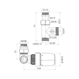 Technische Zeichnung: Schulte ExpressPlus Thermostat-Set Mischbetrieb, verchromt, Version links.