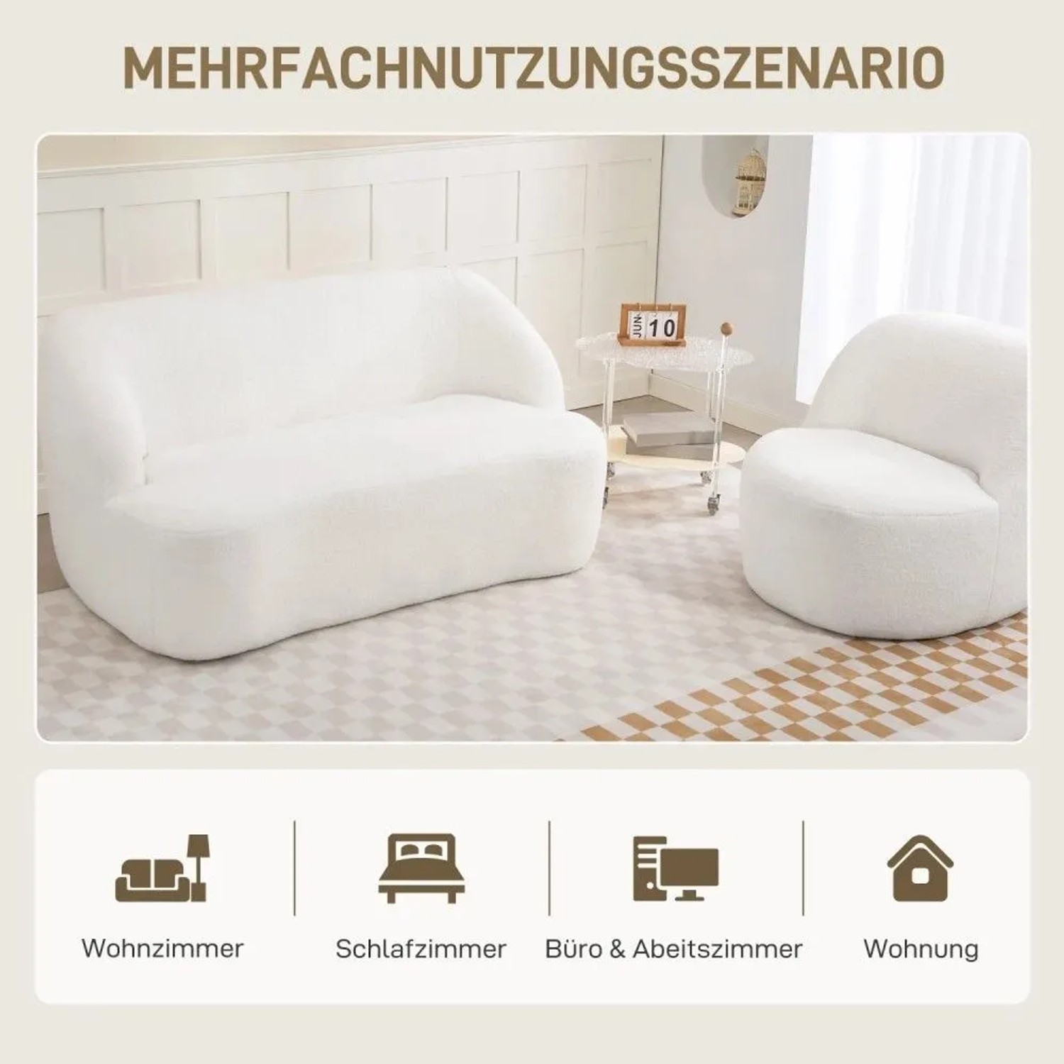 Cremeweißes 2-Sitzer Polstersofa mit modernem, geschwungenem Design aus weichem Stoff für Wohnzimmer.