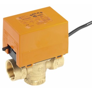 Justus 3-Wege-Ventil 230V/6W für Kaminöfen & Heizungsanlagen. Messingventil mit orangem Motorgehäuse.