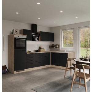 Moderne Flex-Well Winkelküche Capri in Schwarz Matt und Endgrain Oak mit Elektrogeräten.