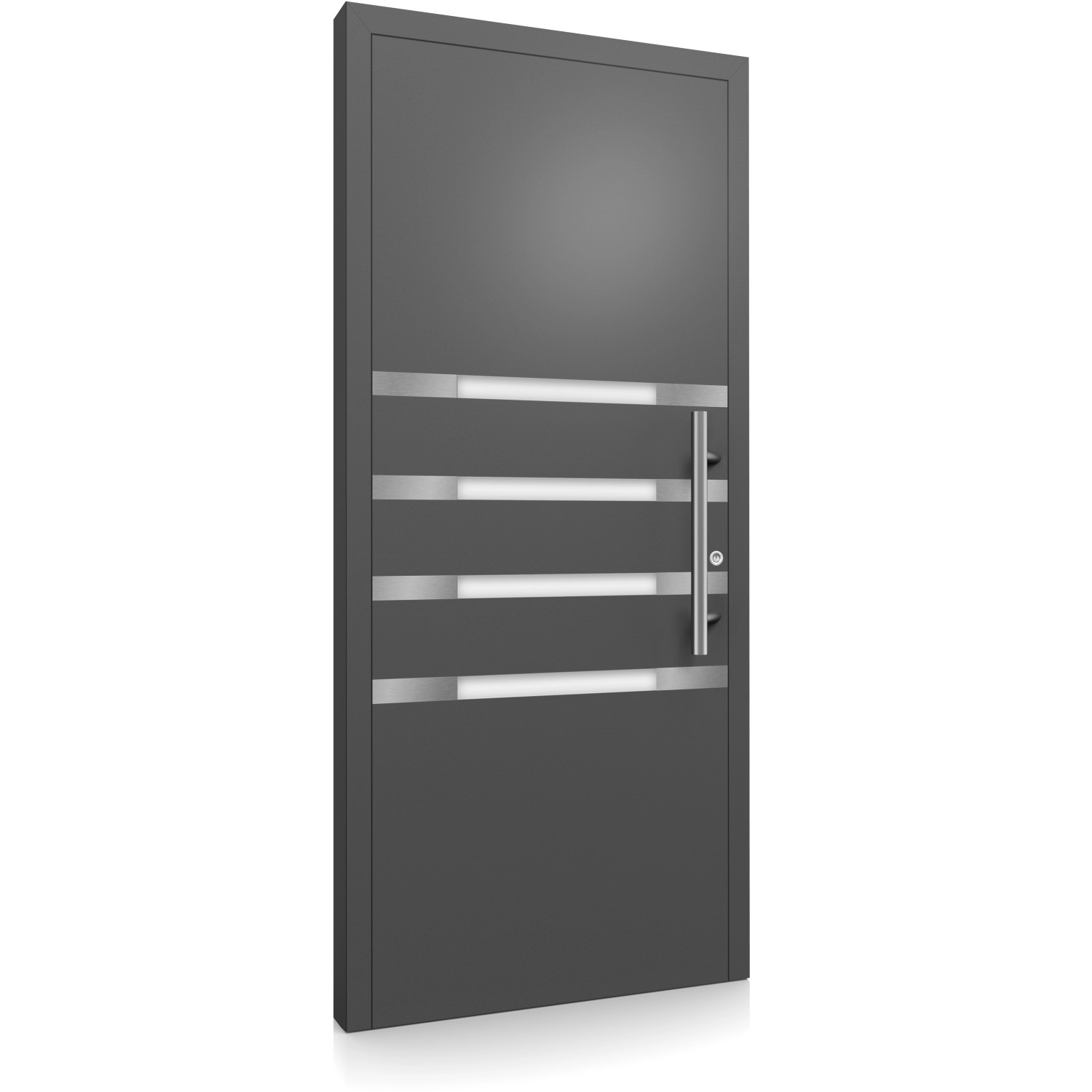 Moderne Aluminium Haustür Moderno M450/P in Anthrazit mit Edelstahl-Applikationen und Stoßgriff.