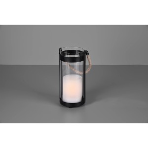 Schwarze Reality LED Solar Tischleuchte Minas mit Glaskörper und Seilgriff für den Außenbereich.