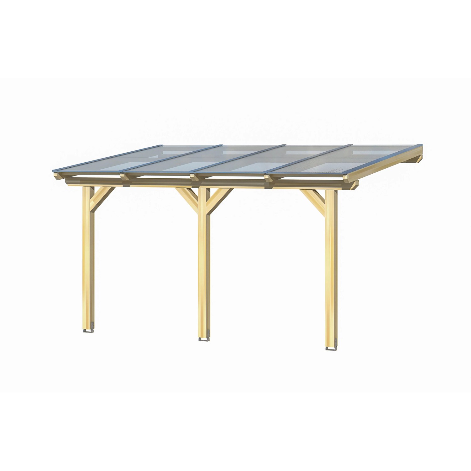 Skan Holz Terrassenüberdachung Andria aus Leimholz mit klarer Polycarbonat-Eindeckung.