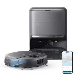 Eufy Omni C28 Saug- & Wischroboter mit Omni-Station und App-Steuerung. Dunkelgrauer Bodenstaubsauger in Aktion.