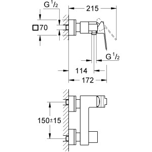 Technische Zeichnung der Grohe QuickFix Sail Cube Duscharmatur mit Maßangaben.