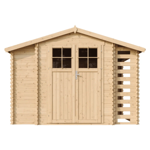 Timbela Holz-Gartenhaus M389F, beige-braun, mit Doppeltür und seitlichen Lagerflächen.